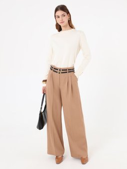 Çift Kemer Detaylı Pileli Acik Vizon Pantolon