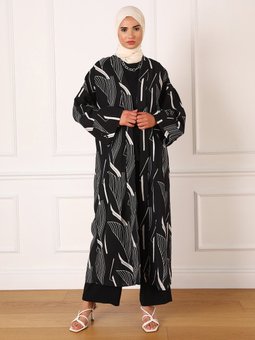 Desenli Ferace Bluz & Pantolon Beyaz Takım Siyah