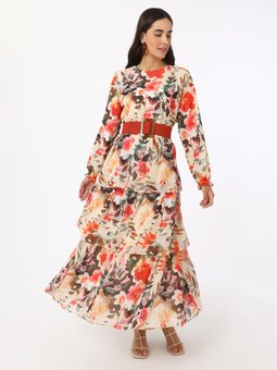 Desenli Şifon Pembe Elbise