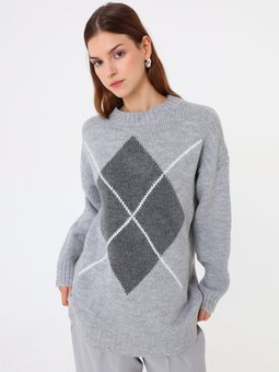 Gri Baklava Desenli Kazak