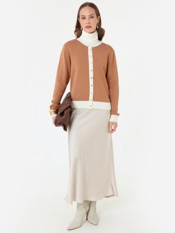 Kontras Detaylı Etek Üstü Triko Camel Hırka