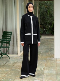 Kontras Renk Detaylı Premium Tunik & Pantolon İkili Siyah Takım