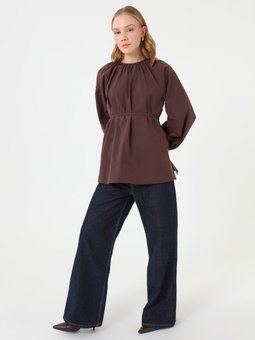 Poplin Kumaş Büzgü Detaylı Kuşaklı Bluz / Koyu Kahverengi Gömlek