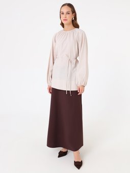 Poplin Kumaş Büzgü Detaylı Kuşaklı Bluz / Tas Rengi Gömlek