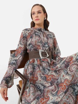 Şal Desenli Önü Patlı Şifon Yeşil Elbise