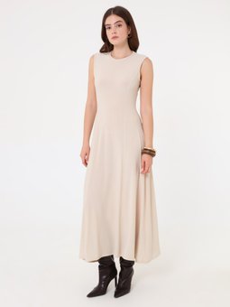 Sandy Kumaş Kuplu Kolsuz Krem Elbise