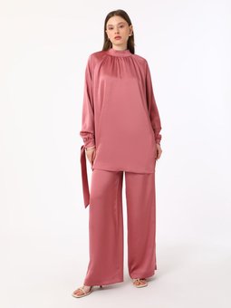 Saten Bağlama Detaylı Tunik & Pantolon İkili Koyu Gül Takım