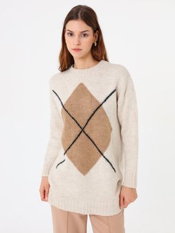 Taş Rengi Baklava Desenli Kazak