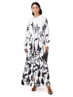 Yakası Gipe Detaylı Desenli Siyah Beyaz Elbise