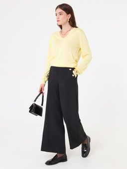 Yüksek Bel Gold Düğmeli Bol Paça Siyah Pantolon