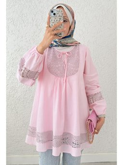 Dantel Detaylı Pudra Tunik