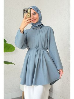 Nervür Detaylı Berrak Mavi Tunik