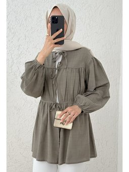 Ön Büzgülü Uzun Küf Yeşili Tunik