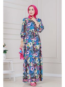 Beli Tünelli Çiçekli Viscon Mavi Elbise