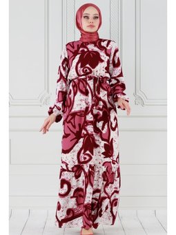 Lale Desenli Beli Kuşaklı Viskon Bordo Elbise
