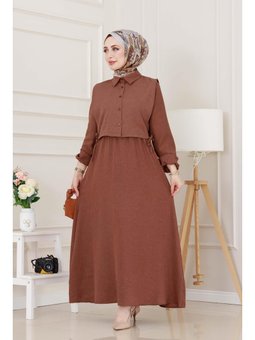 Yanları Bağlamalı Kahverengi Elbiseli Takım