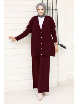 Düğmesi Taşlı Triko Hırka Bordo Takım