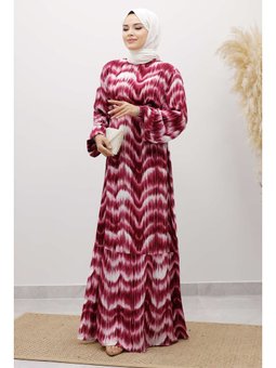 Eteği Volanlı Sulu Boya Desenli Viskon Fuşya Elbise