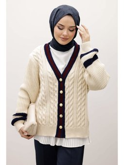 Saç Örgü Desenli Triko Bej Hırka