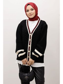 Saç Örgü Desenli Triko Siyah Hırka