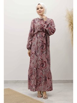 Şal Desen Kuşaklı Bordo Elbise