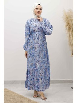 Şal Desen Kuşaklı Mavi Elbise