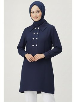 Düğme Detaylı Modal Lacıvert Tunik Lacivert