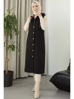 Düğmeli Zincir Detaylı Kaşe Sıyah Yelek Siyah