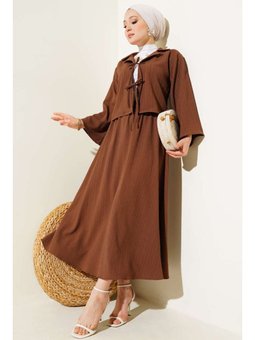 Ceket Yaka Ağaç Kabuğu Dokulu Etekli Kahverengi Takım