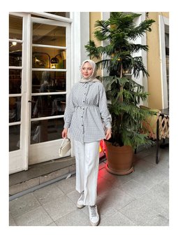 Çizgili Bel Bağlamalı Gri Gömlek