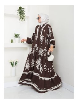 Etnik Desenli Kahverengi Elbise