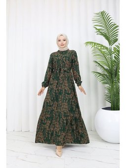 Desenli Zümrüt Elbise Yeşili