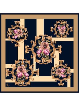 Barok Çiçek Desen Black Seri Twill Askısı İle Birlikte 90x90 Cm Gold Siyah Eşarp