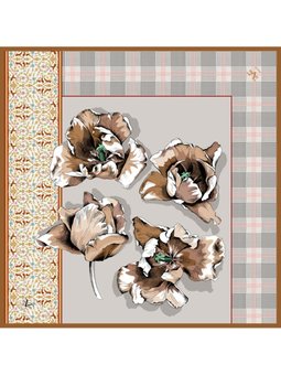 Çiçekli Desen Black Seri Twill Askısı İle Birlikte 90x90 Cm Krem Eşarp Somon