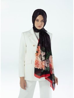 Çiçekli Desen Pavia Seri Askısı İle Birlikte 90x200 Cm Siyah Turuncu Şal Yeşil