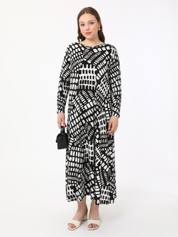 Büyük Beden Desenli Örme Beyaz Elbise Siyah