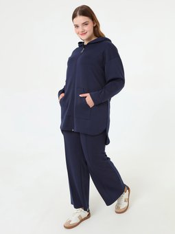 Fermuarlı Kapuşonlu Spor Sweatshirt & Pantolon Büyük Beden Lacivert Takım