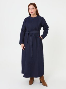 Kuşak Detaylı Denim Büyük Beden Koyu Lacivert Elbise