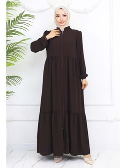 Büzgü Detaylı Fermuarlı Kahverengi Ferace