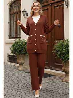 Cebi Taş Detaylı Triko Kahverengi Takım
