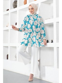 Desenli Turkuaz Gömlek Tunik