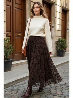 Flok Baskılı Kahverengi Etek