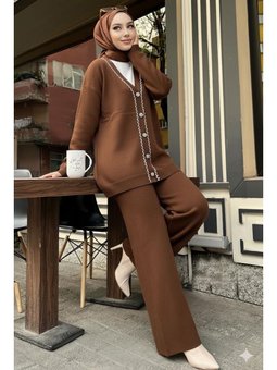 Şerit Detaylı Triko Ceket Kahverengi Takım