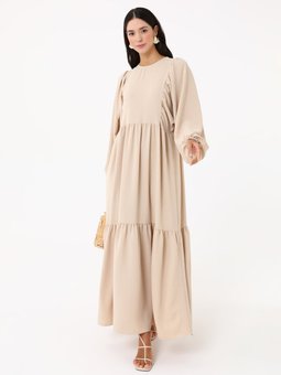 Aerobin Balon Kol Rahat Kesim Tas Rengi Elbise