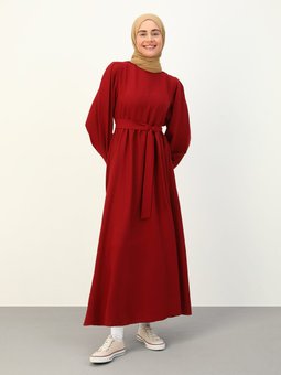 Aerobin Kuşaklı Bordo Elbise