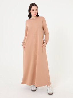 Cep Detaylı Basic Koyu Krem Elbise