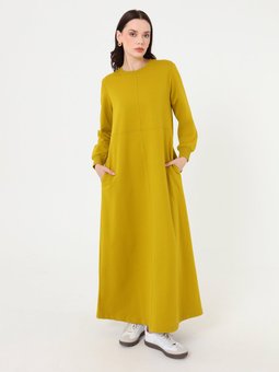 Cep Detaylı Basic Yağ Yeşili Elbise