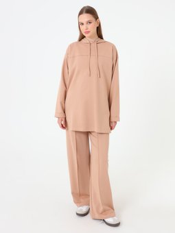 Dikiş Detaylı Kapüşonlu Koyu Krem Eşofman Takım