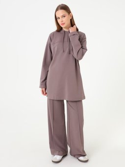 Dikiş Detaylı Kapüşonlu Vizon Kahve Eşofman Takım