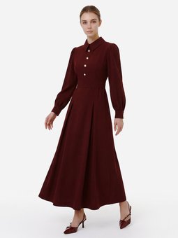 Gold Düğme Detaylı Balon Kollu Kuşaklı Bordo Elbise